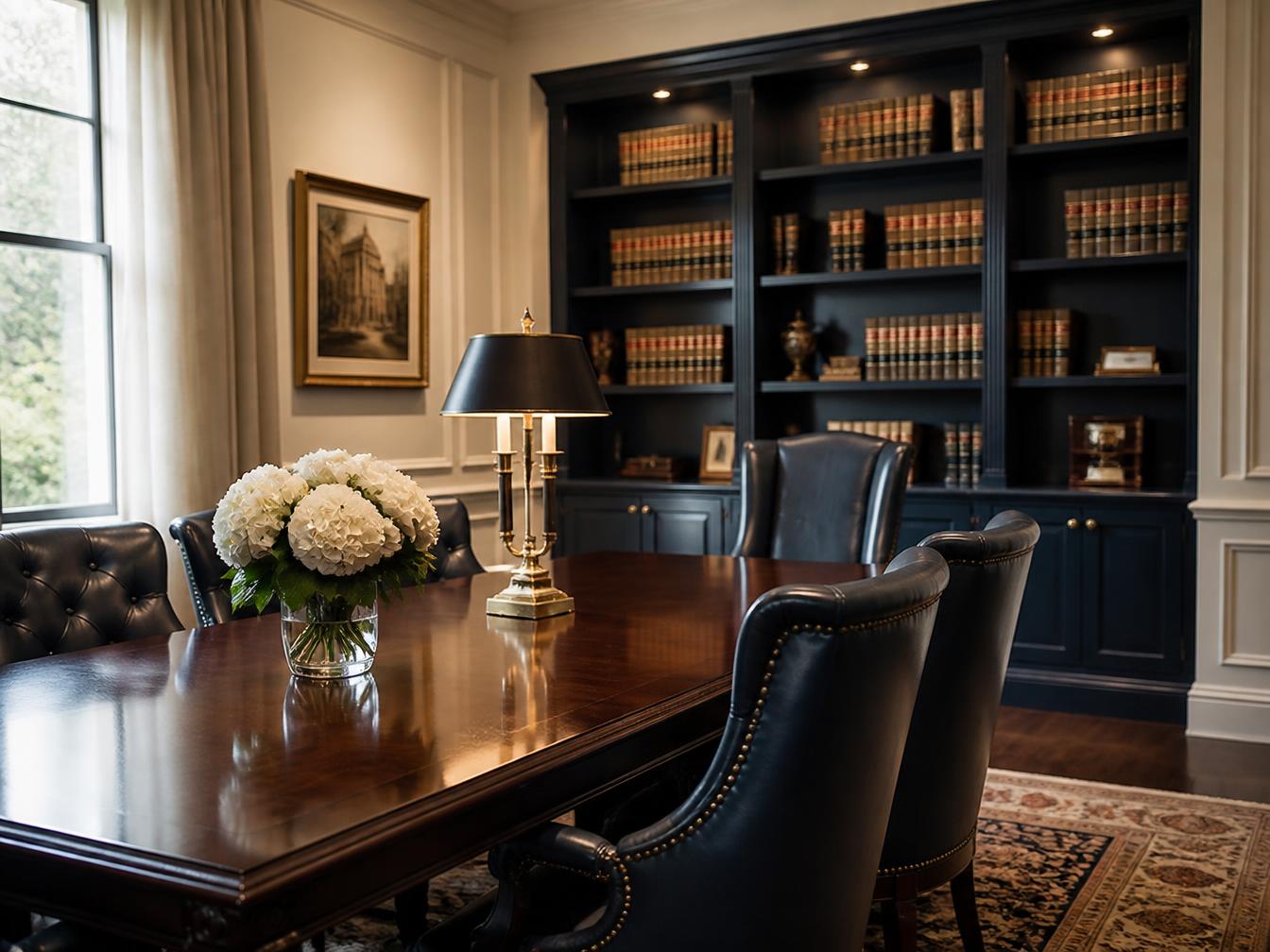 Elegant law office conference room with legal bookshelves